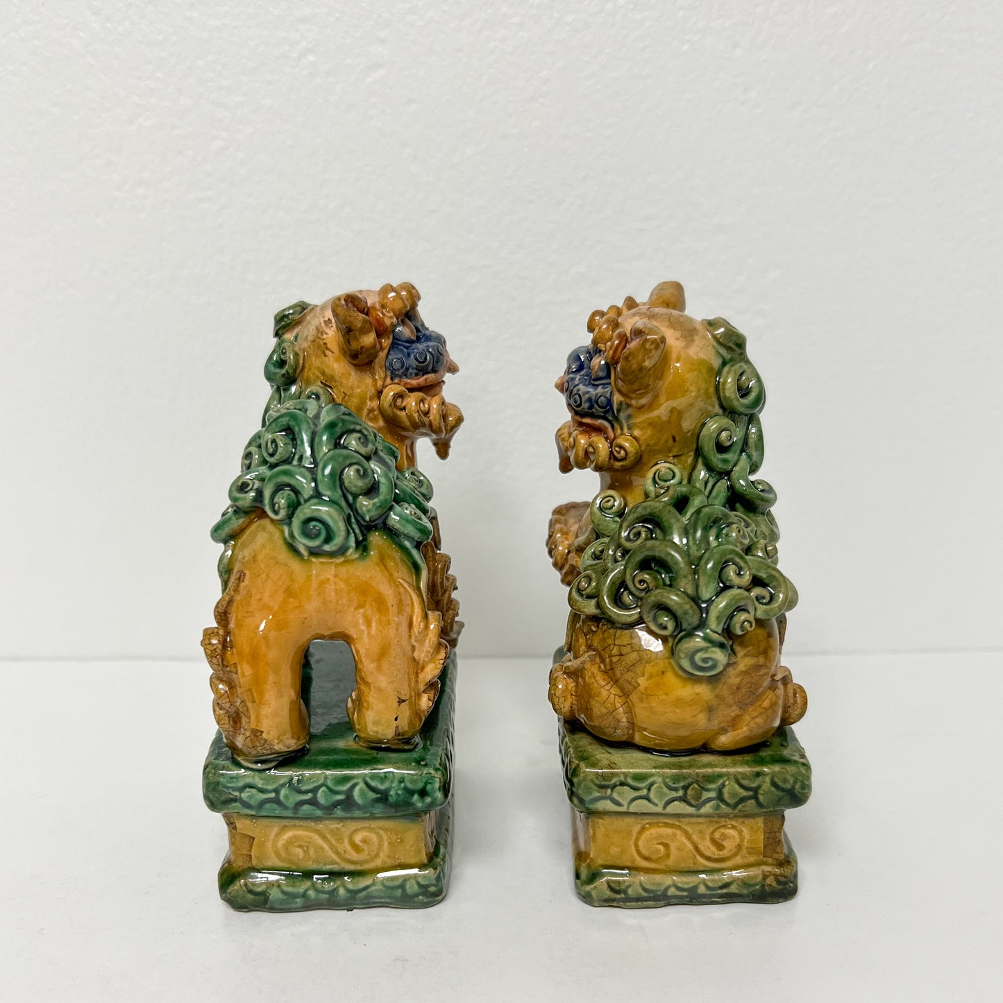 (18662) Pair of Mustard Colored Foo Dogs with Curly Locks