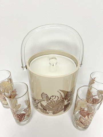 (23361) Set of Four Tastesetter Glasses and Shell Ice Bucket ca. 1980's