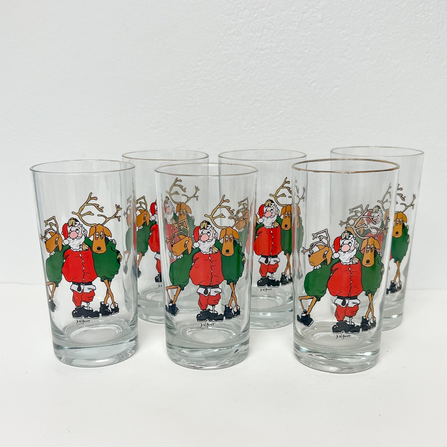 (25469) Set of Six Tipsy Santa Tumbler Glasses Signed "Balfour"