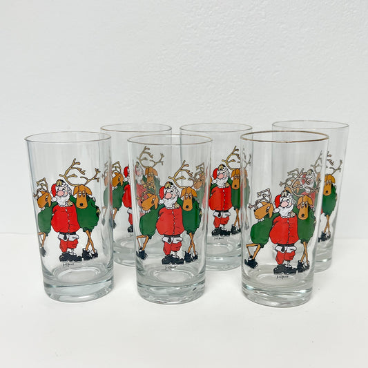 (25469) Set of Six Tipsy Santa Tumbler Glasses Signed "Balfour"