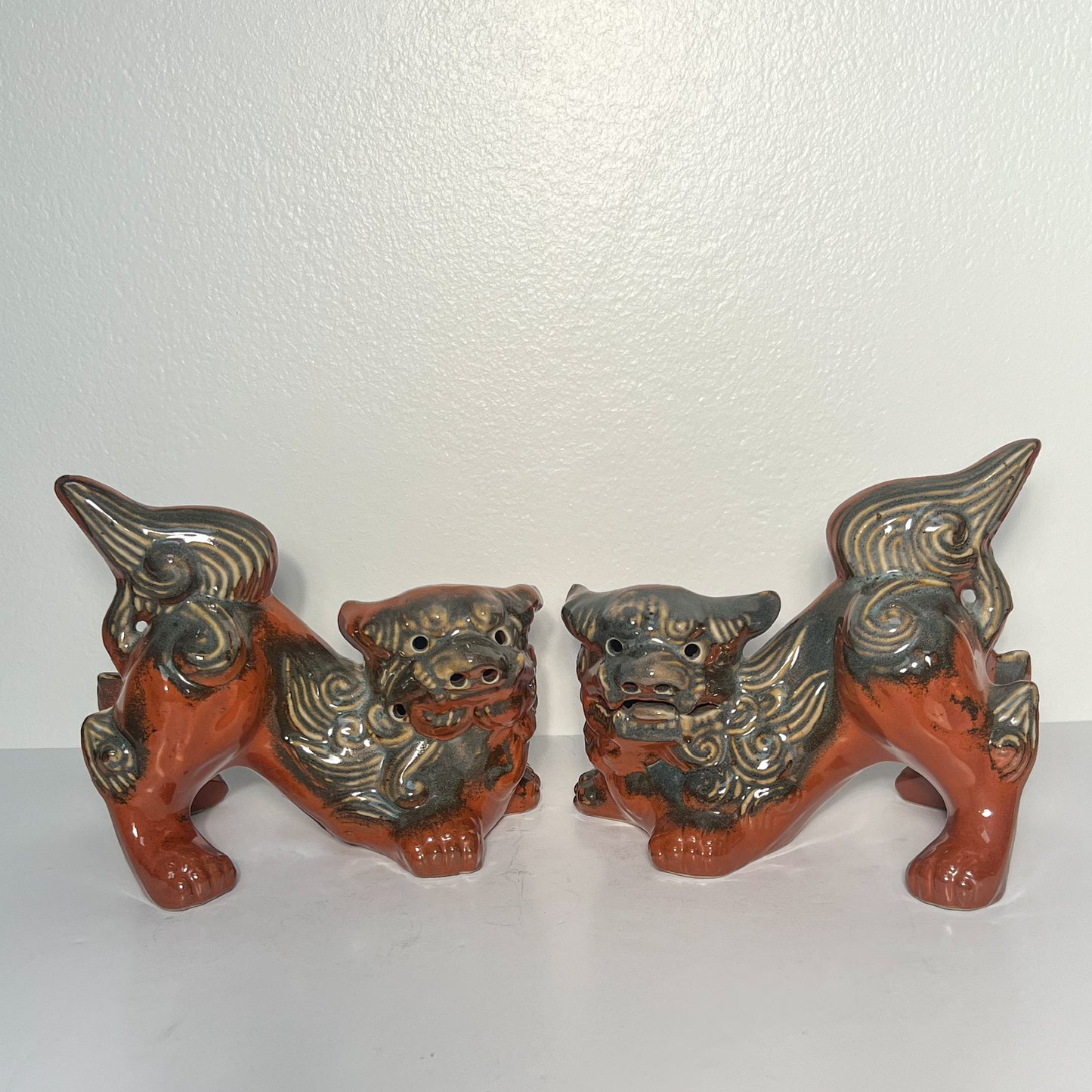 (21844) Pair of Rust Colored Pottery Foo Dogs