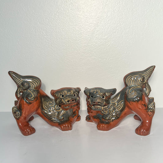 (21844) Pair of Rust Colored Pottery Foo Dogs