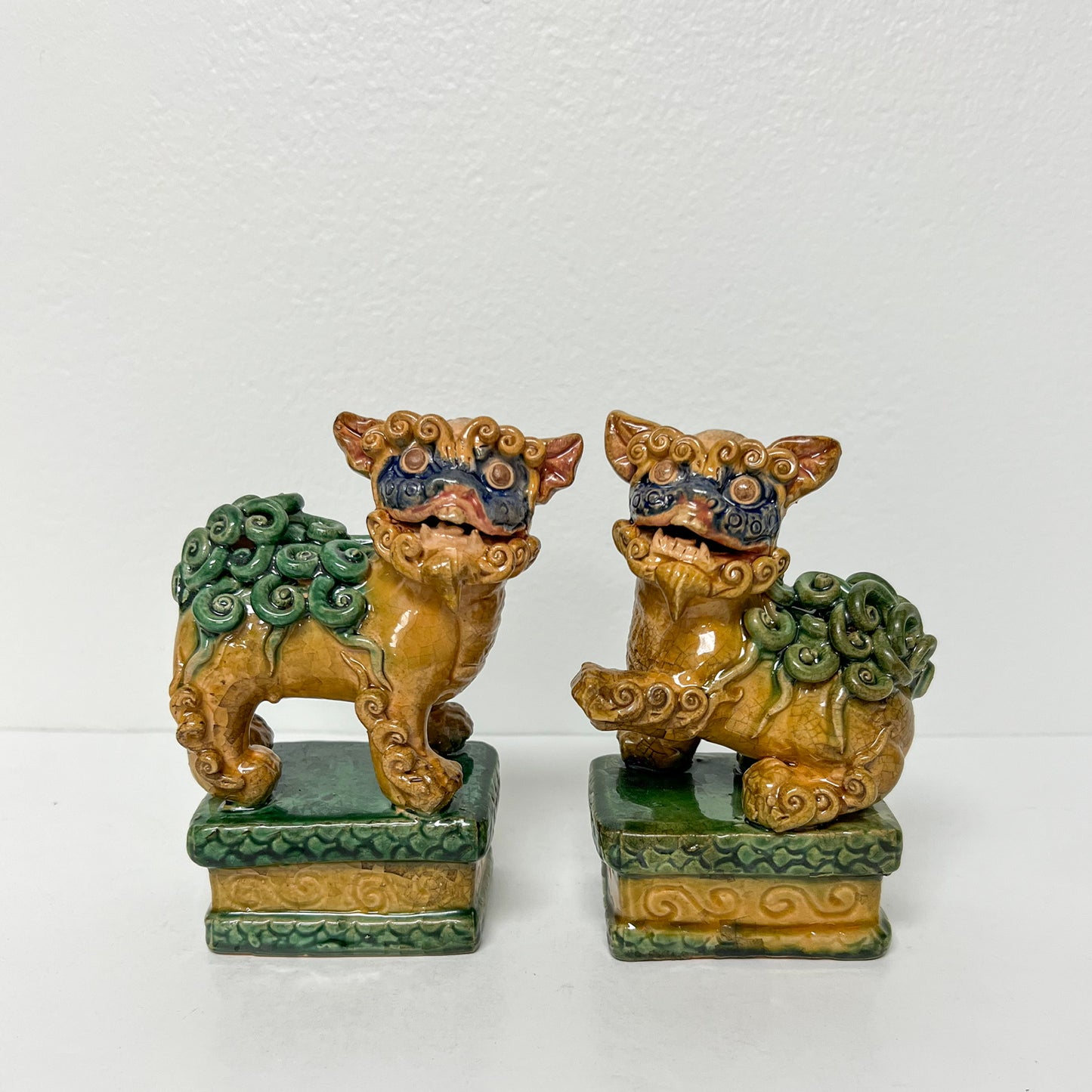 (18662) Pair of Mustard Colored Foo Dogs with Curly Locks