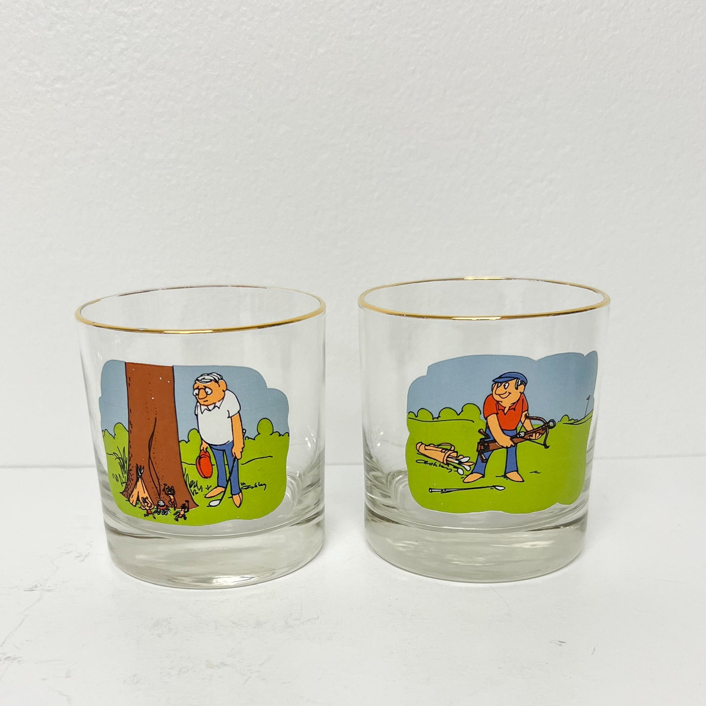 (25754) Set of Eight Vintage Golf Rocks Glasses Signed "Ashby"