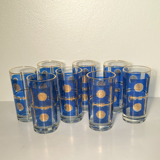 (19759) Set Of Eight Bright Blue Medallion Midcentury Glasses
