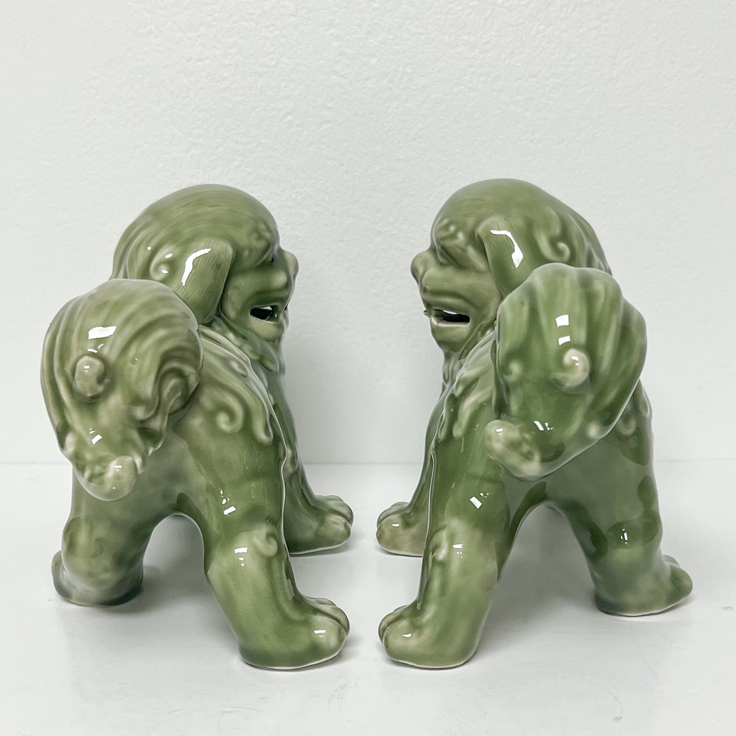 (26282) Pair of Deep Celadon Green Foo Dogs on All Fours