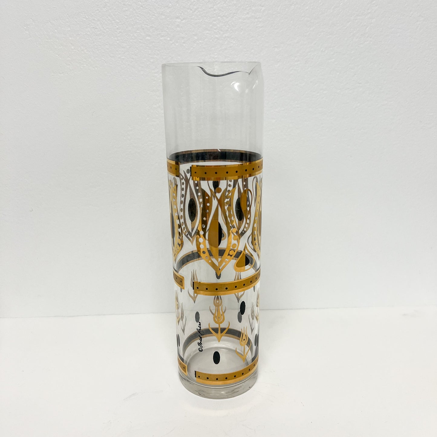 (25819) Set of Six Midcentury Black and Gold Glasses with Martini Pitcher by Fred Press