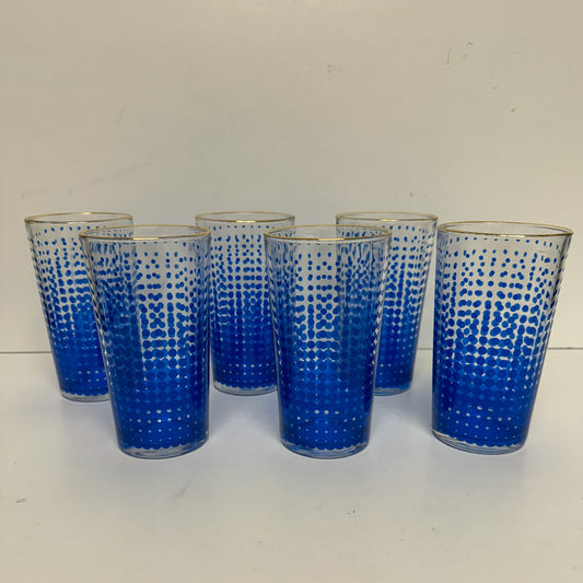(19683) Set Of Six Midcentury Blue Polka Dot Glasses