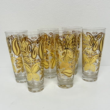 (21105) Set of Six Midcentury Flared Tumblers With Leaves And Butterflies