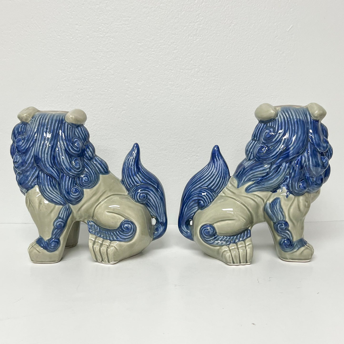(24938)  Pair of Blue and Tan Midcentury Foo Dogs