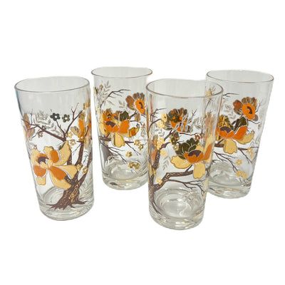 (17358) Set of Four Twisted Branch Asian Floral Glasses Signed "Culver"