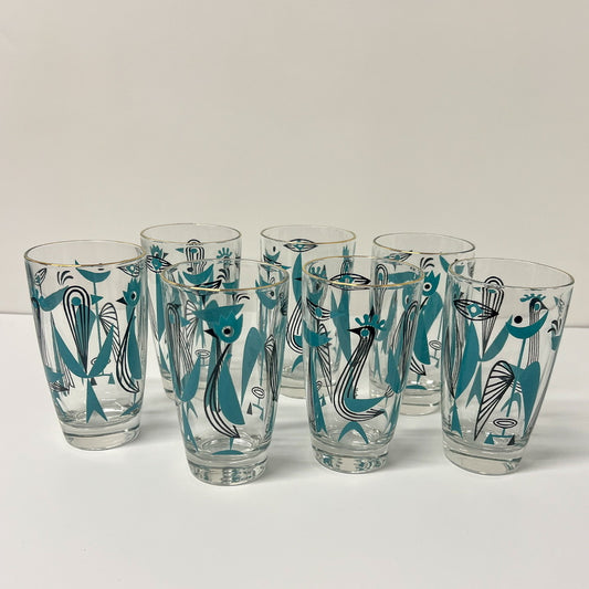 (23098) Set of Seven Midcentury Dyball Abstract Bird Glasses