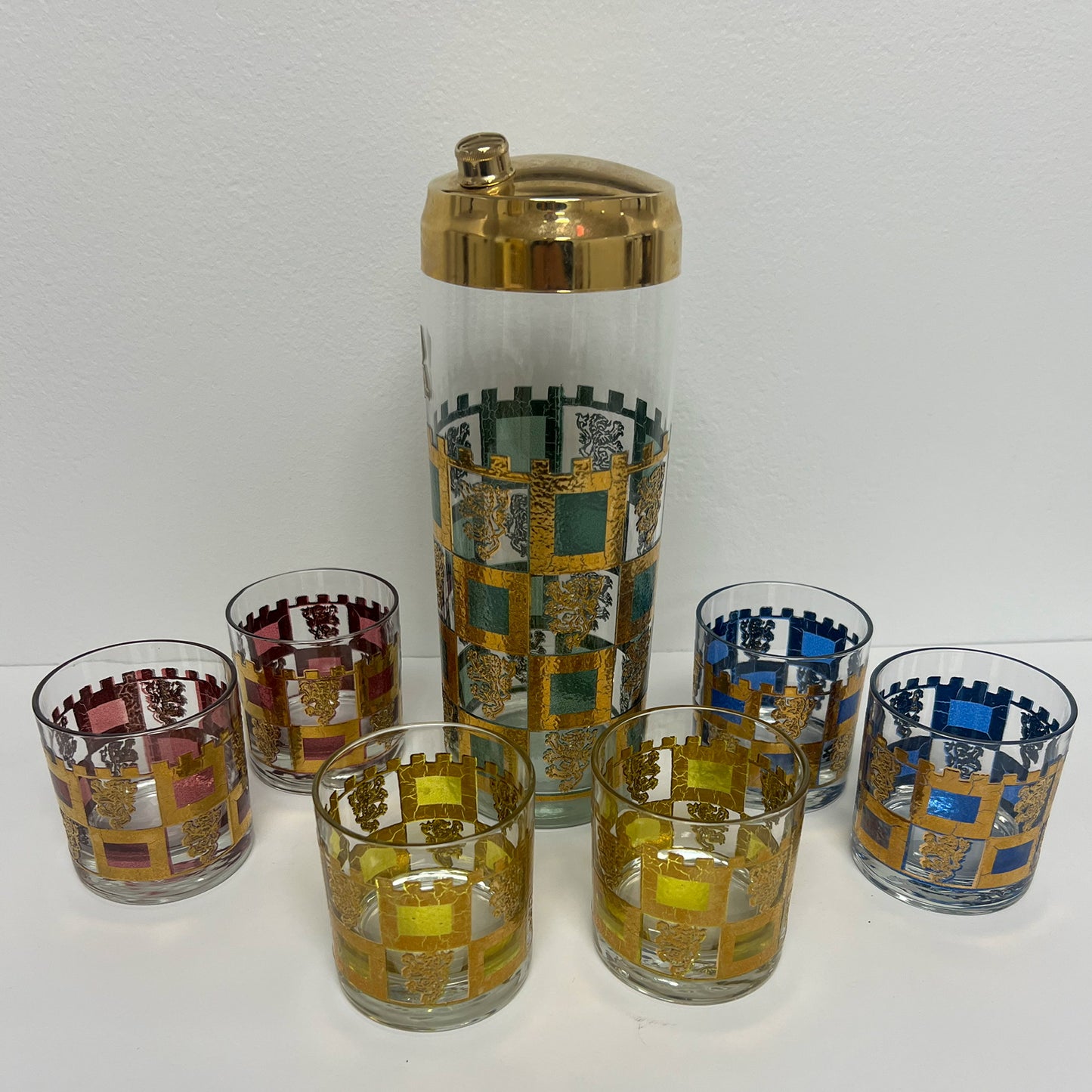 (23908) Multi Colored Culver Coat of Arms Shaker and Six Glasses