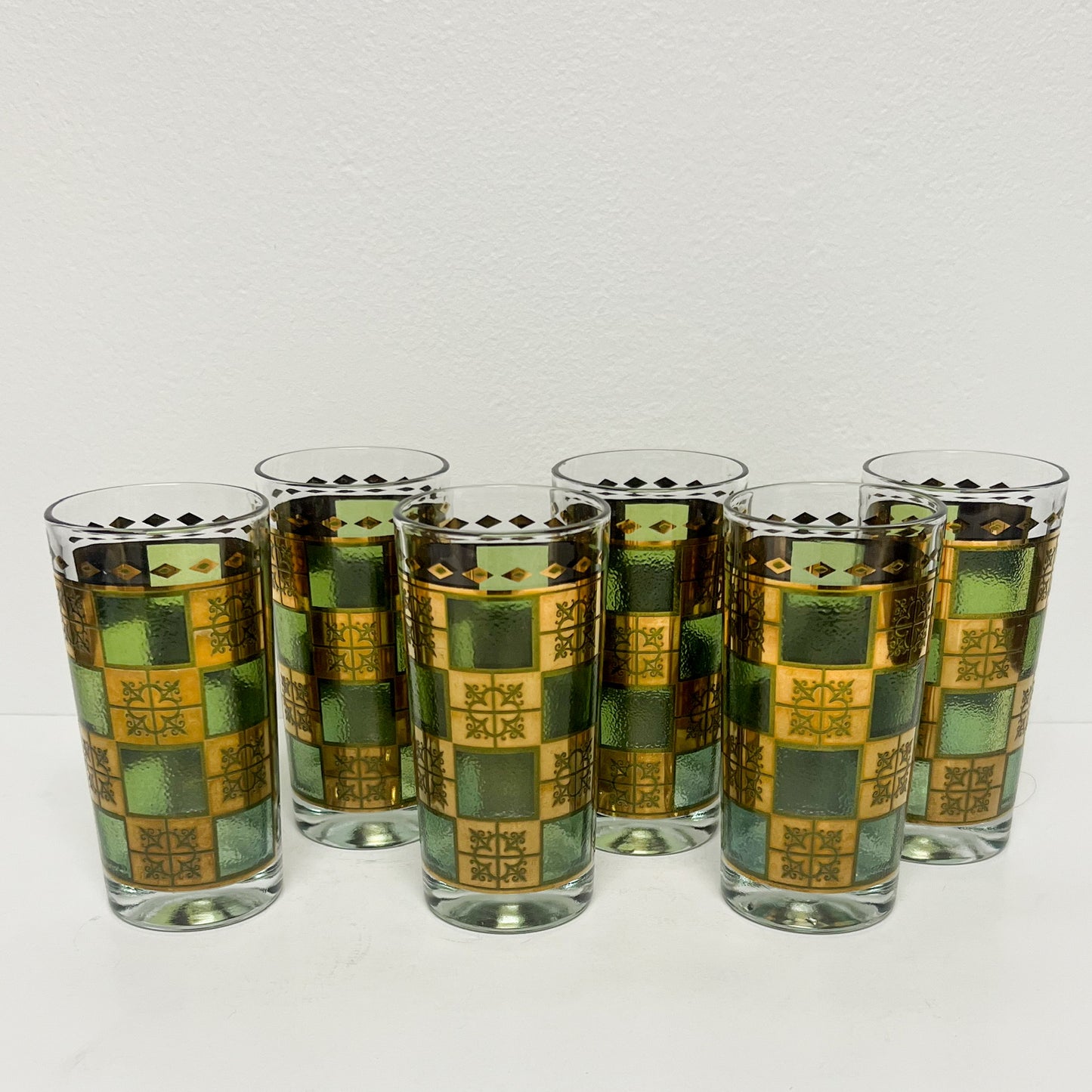 (24975) Set of Six Midcentury Continental Green and Gold Tumblers