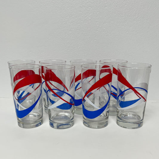 (20539) Set of Eight Midcentury Red White And Blue Swirl Tumblers