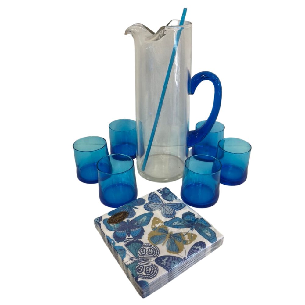 (21608) MIdcentury bright blue pitcher and six glasses