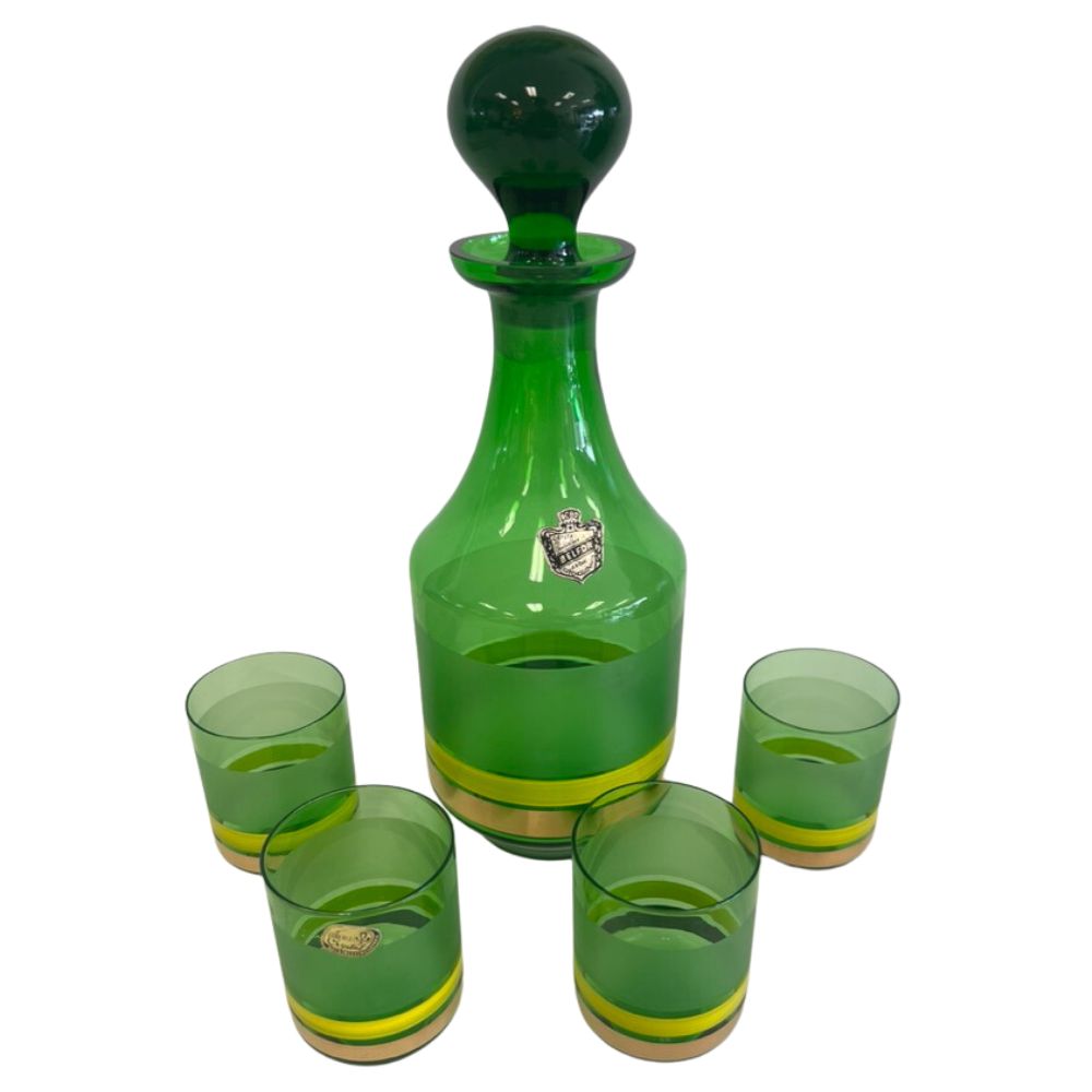 (22012) Midcentury Czech Green Decanter and Four Glasses
