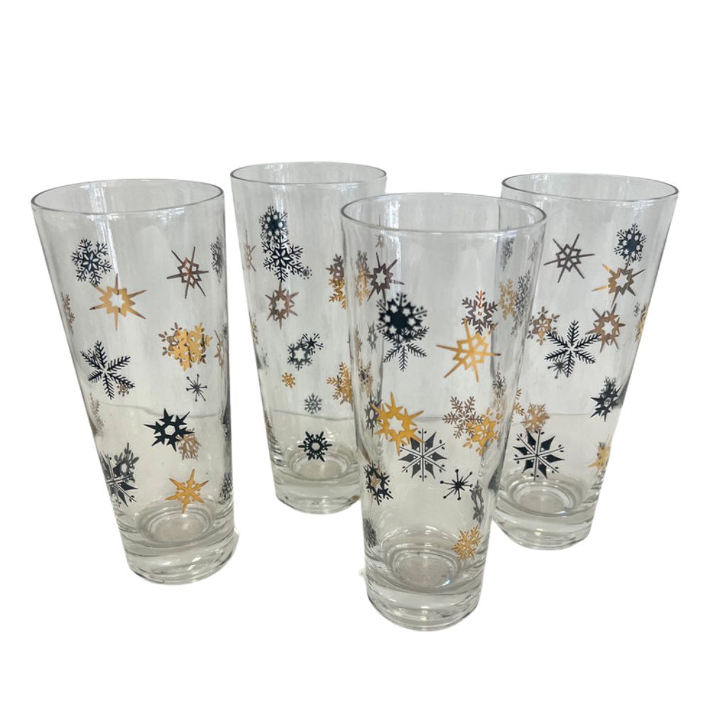 (20972) Four Flared Black And Gold Snowflake Glasses