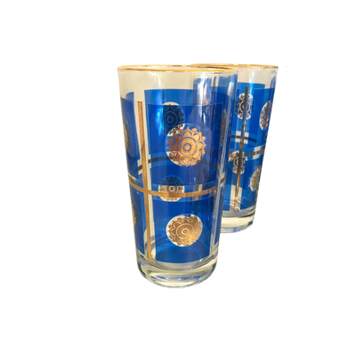 (19759) Set Of Eight Bright Blue Medallion Midcentury Glasses