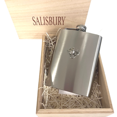 (19750) Raleigh Cocktail Company Exclusive Stainless Flask With Ram or Wolf